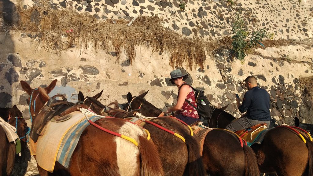 Tourist riding a donkey for fun in Greece
